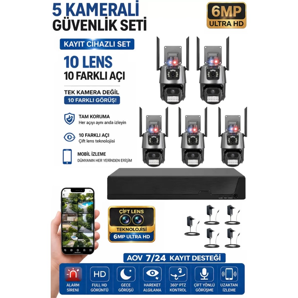 Sonreir XPRO 5 Kamera 10 Lens Kablosuz WiFi Güvenlik Kamerası Seti NVR Kayıt Cihazı Gece Görüşlü IP Kamera - 5 li Set Güvenlik Kameraları Fiyatı