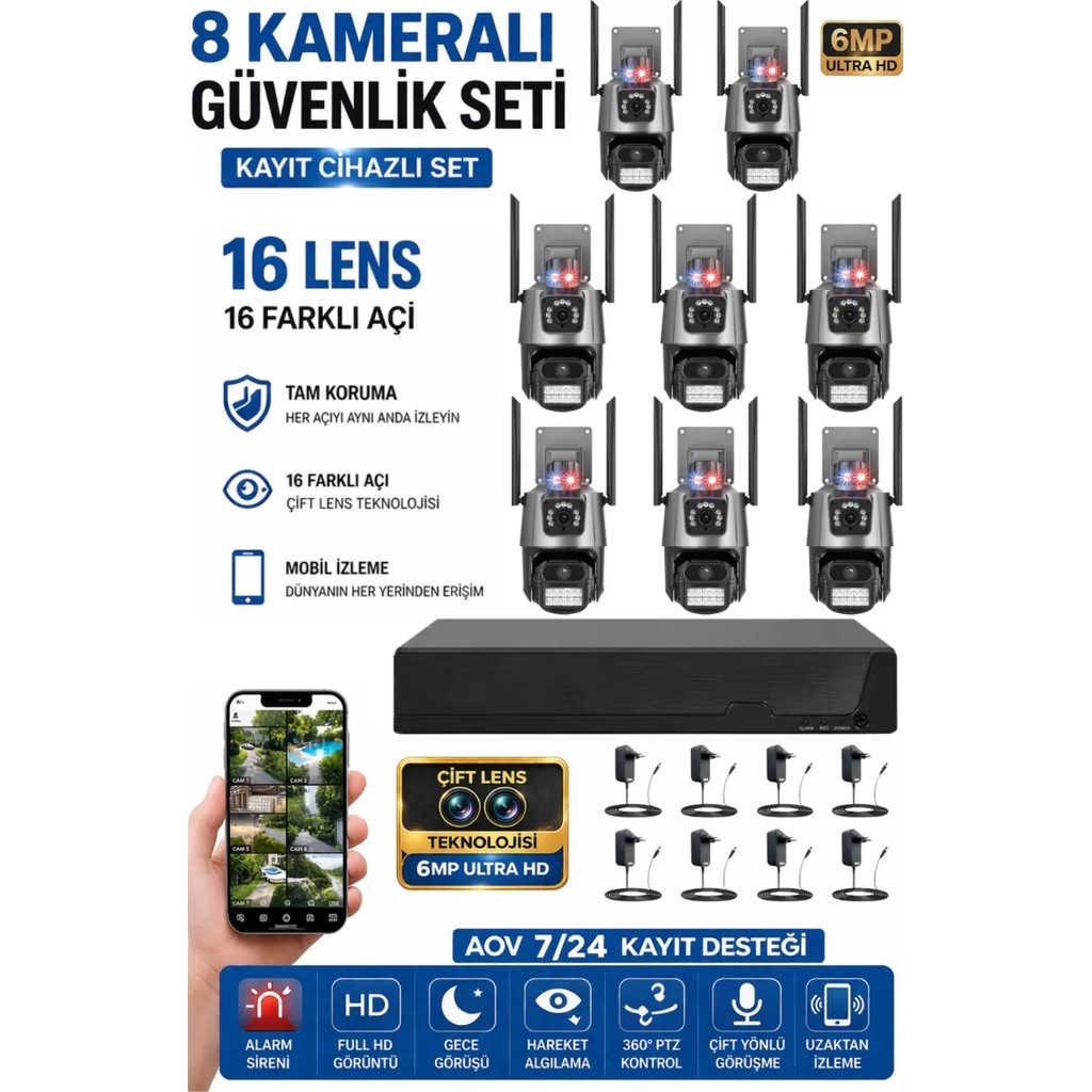 Sonreir XPRO 8 Kamera 16 Lens Kablosuz WiFi Güvenlik Kamerası Seti NVR Kayıt Cihazı Gece Görüşlü IP Kamera - 8 li Set Güvenlik Kameraları Fiyatı