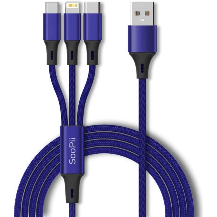 Soopii S07 3'ü 1 Arada Şarj Kablosu: Type-C, Micro USB, Lightning - 3A Hızlı Şarj, Alüminyum Örgülü Tasarım - Mavi Bilgisayar Çevirici ve Adaptörü Fiyatı