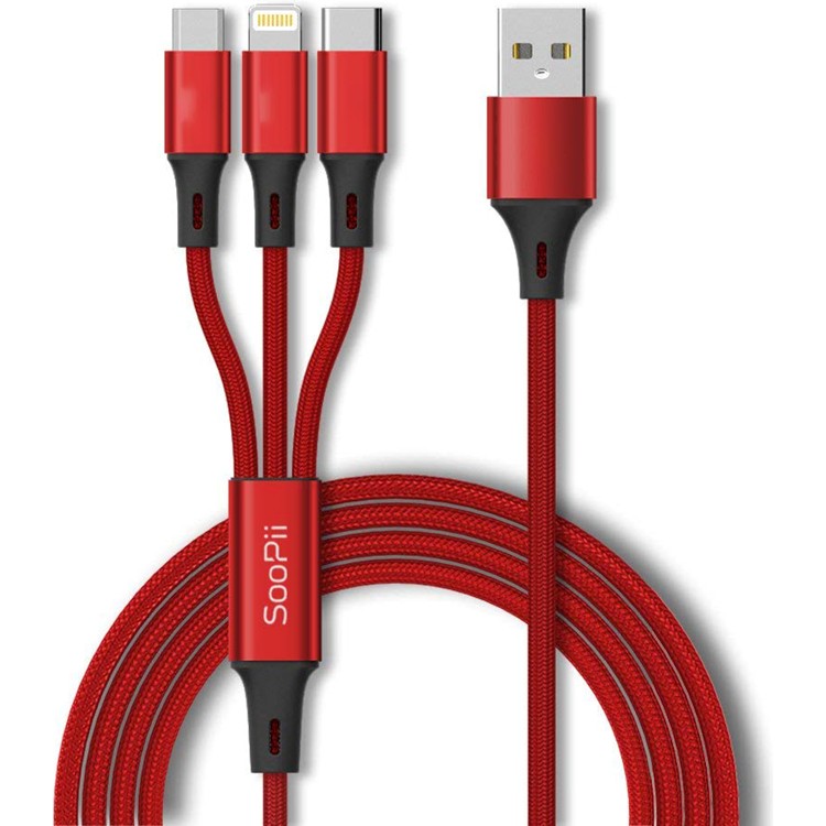 Soopii S07 Alüminyum 3 In 1 Type-Microb, Type-C, Lightning 3A Örgülü Çoklu Şarj Kablosu - Kırmızı Bilgisayar Çevirici ve Adaptörü Fiyatı