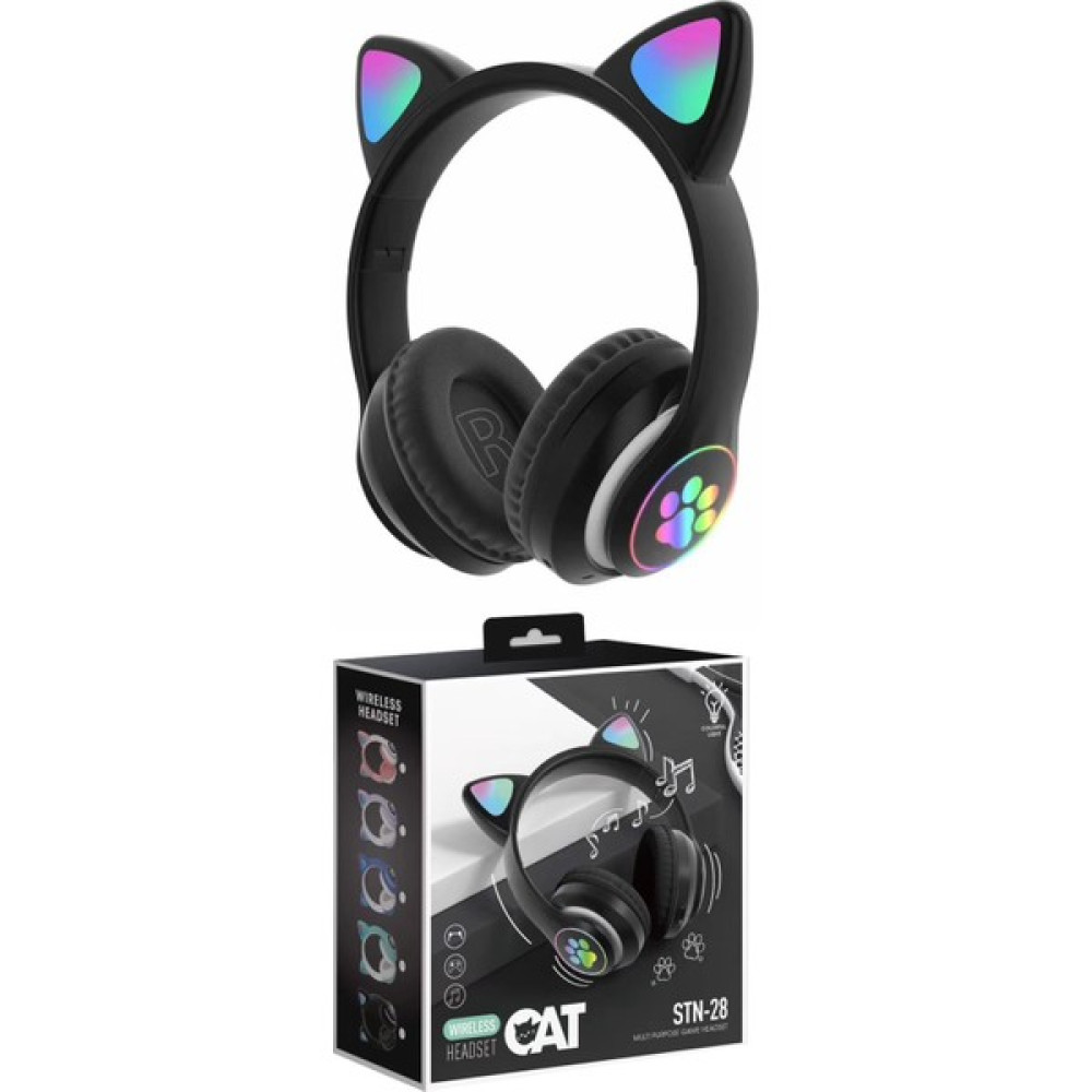 Sore Kedi Kulaklı Bluetooth Kablosuz Renkli Işıklı Rgb Çocuk Oyuncu Kulaklık Radyo Hafıza Kartı Aux Girişli STN-028 - Siyah Bluetooth Kulaklık Fiyatı