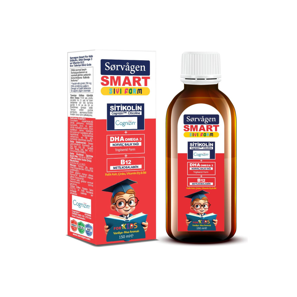 Sorvagen Smart Kids Sıvı Form - Sitikolin DHA Omega 3 Norveç Balık Yağı ve B12 - 150 ml Balık Yağı / Omega 3 - 6 - 9 Fiyatı