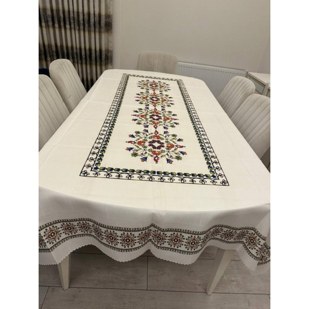 Sosteye Dükkanı Etnik Desenli Dertsiz Masa Örtüsü - Beyaz - Bej - 160 x 220 cm Masa Örtüsü Fiyatı
