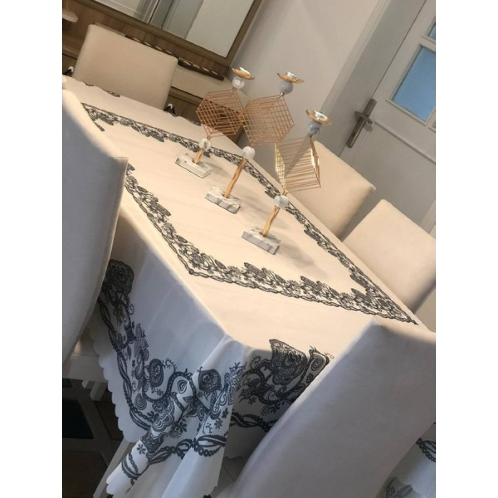 Sosyete Dükkanı Dertsiz Leke Tutmayan Özel Kesim Desenli Kumaş Masa Örtüsü - Beyaz - Gri - 160 x 220 cm Masa Örtüsü Fiyatı