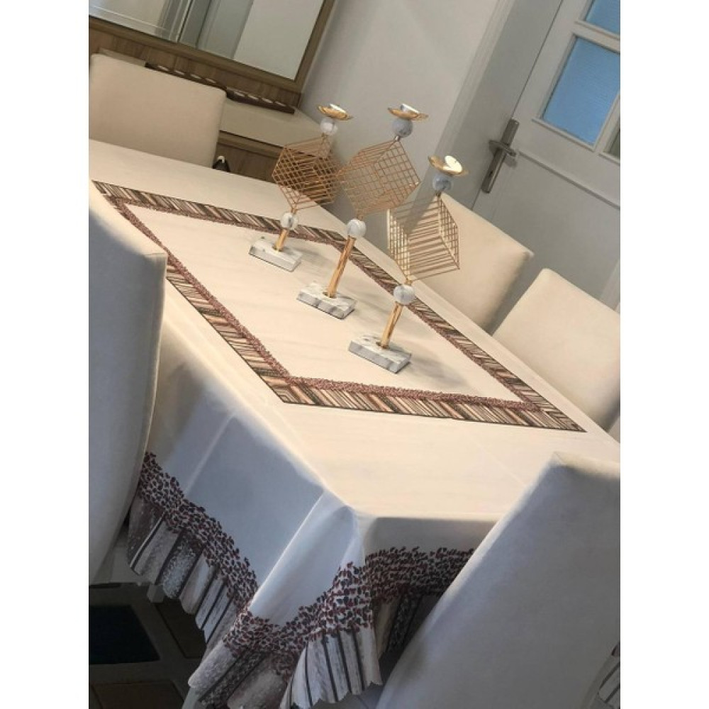 Sosyete Dükkanı Dertsiz Leke Tutmaz Özel Kesim Kendinden Desenli Masa Örtüsü - Beyaz - Kahve - 160 x 220 cm Masa Örtüsü Fiyatı