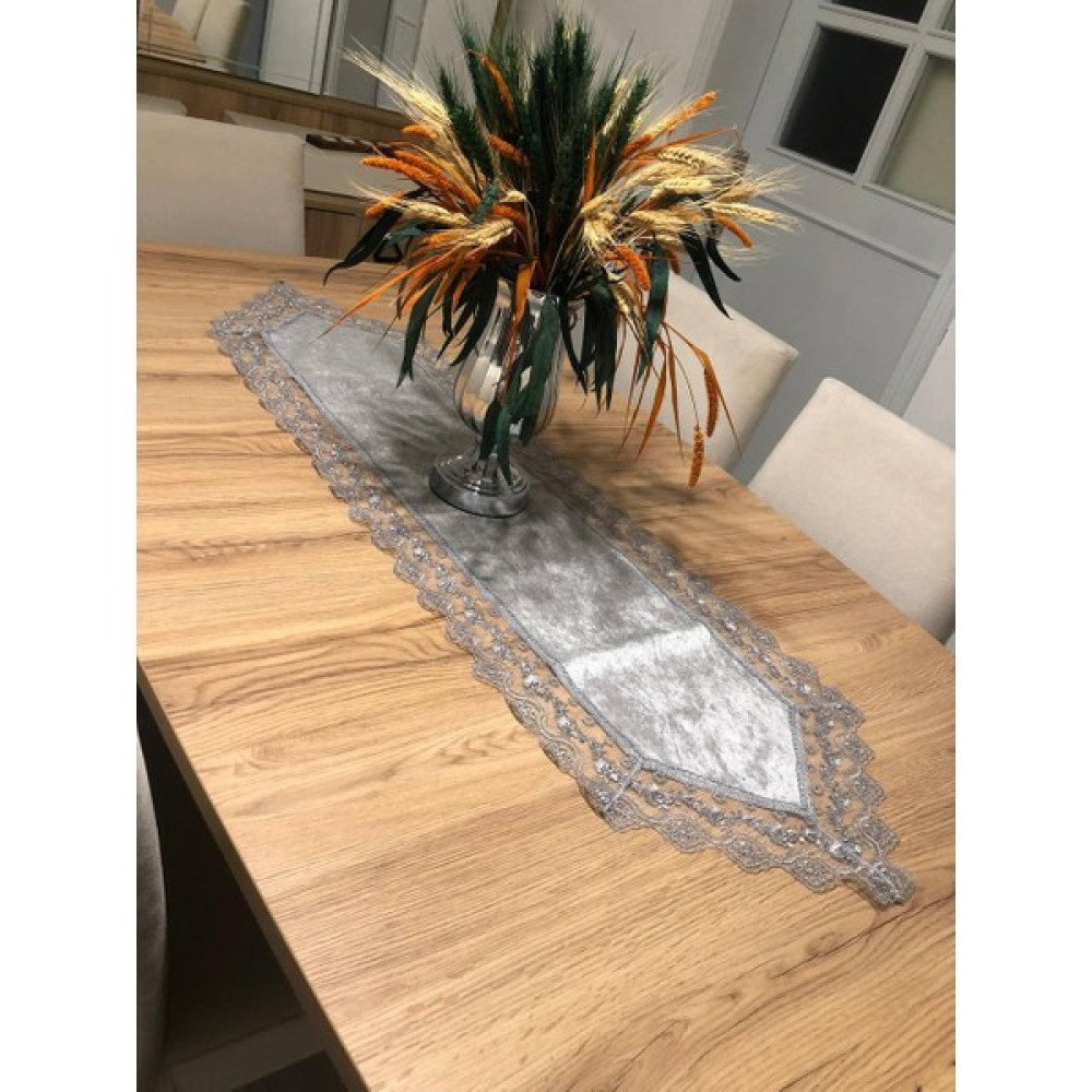 Sosyete Dükkanı Kadife Dantel Detaylı Kahve Soft Runner (140 *40 ) - Gri - 140 x 40 cm Masa Örtüsü Fiyatı