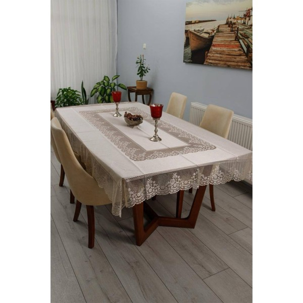 Sosyete Dükkanı Krem Renk Örme Dantel Masa Örtüsü (160*220) - Kırık Beyaz - 160 x 220 cm Masa Örtüsü Fiyatı
