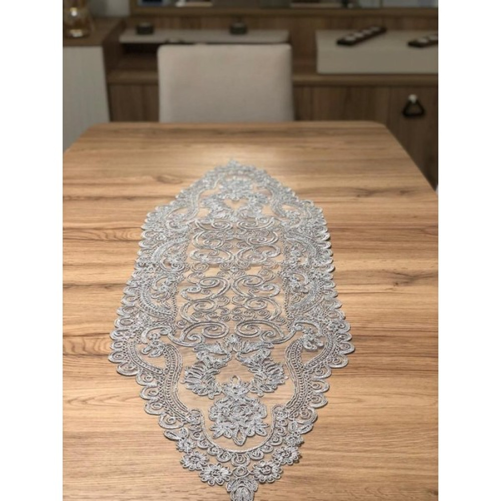 Sosyete Dükkanı Özel Dantel Detaylı Krem Runner 110 x 35 cm. - Açık Gri - 35 x 110 cm Masa Örtüsü Fiyatı