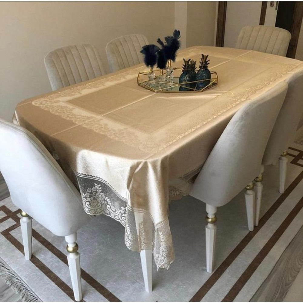 Sosyete Dükkanı Sütlü Kahve Renk Dertsiz Dantelli Masa Örtüsü 160 x 220 cm. - 160 x 220 cm Masa Örtüsü Fiyatı