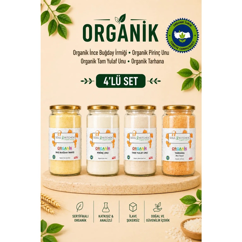 Soul Kitchen Organik Tarhana + İnce Buğday İrmiği + Pirinç Unu + Tam Yulaf Unu - 4'lü Cam Set Diğer Fiyatı