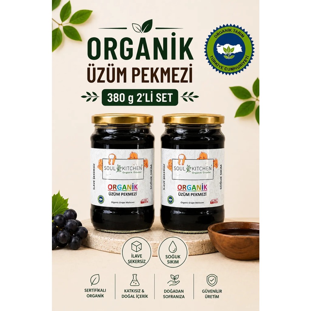 Soul Kitchen Organik Ürünler Organik Üzüm Pekmezi 380GR - 2'li Avantaj Set - (Soğuk Sıkım) (Şeker Ilavesiz) Diğer Fiyatı