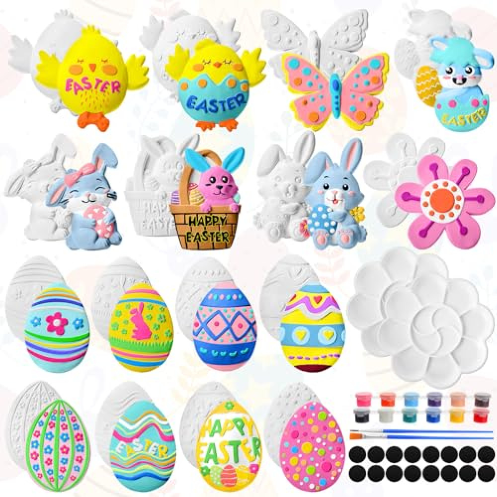 Soulchen 16 Sets Ceramic Easter Painting Kit Unpainted DIY Ceramic to Paint Figurines Paint Your Own Figurines Easter Basket Stuffers Egg Bunny Flower Ceramic Figure Refrigerator Magnets for Toddler
