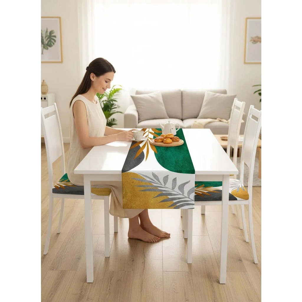 Soyut Desen , Dijital Baskı , Çift Taraflı , Süngerli Fermuarlı 4 Adet Sandalye Minderi ve 1 Runner Mutfak Bahçe Yemek Masası 5li Set - 40 x 40 cm SSD / Solid State Drive Fiyatı