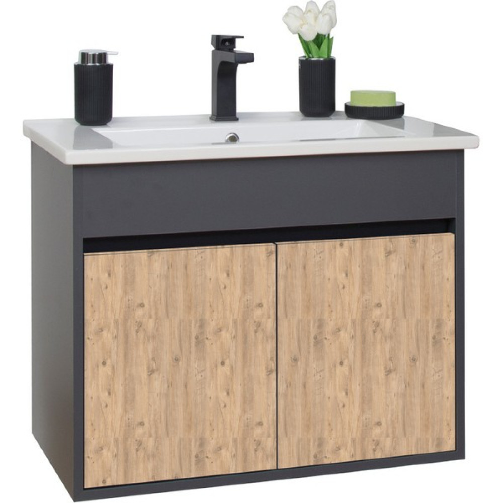 Sözcan Group Aras Lavabolu Asma Alt Dolap Antrasit Atlantik Çam 80X44X58 cm - Antrasit - Atlantik Çam Banyo Dolabı / Mobilyası Fiyatı