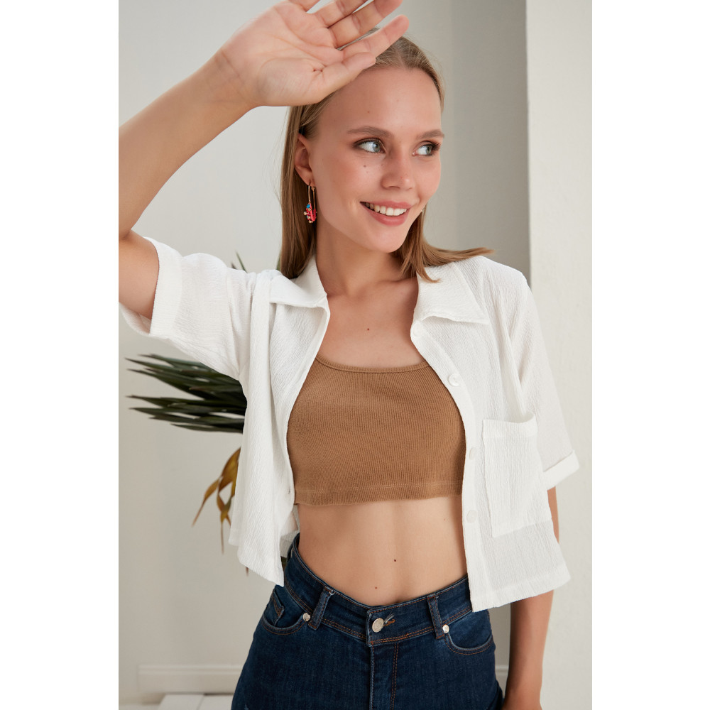 Space Fashion Kadın Beyaz Crop Bürümcük Kumaş Düğmeli Cepli Gömlek 48-50 Beden Kadın Gömlek Fiyatı