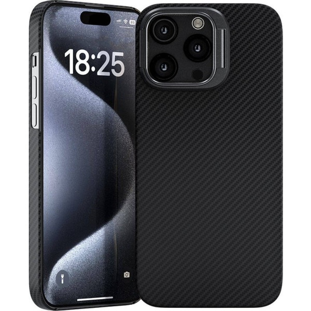 Space-M Apple Iphone 15 Pro Kılıf Magsafe Şarj Özellikli 600D Kevlar Krek Orjinal Karbon Standlı Kapak - Siyah Cep Telefonu Kılıfı Fiyatı