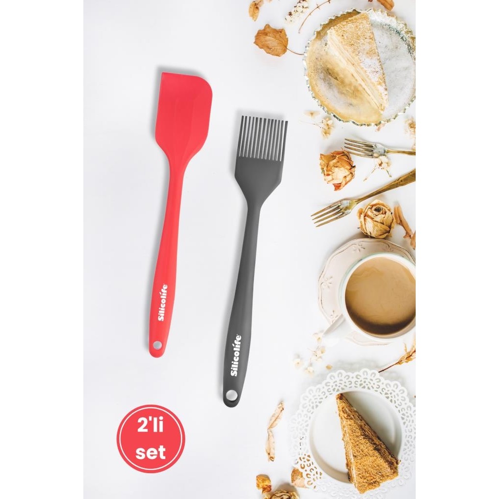 Spatula ve Fırça Seti, Isıya Dayanıklı Yanmaz Yapışmaz Silikon Spatula ve Yumurta Fırçası Set Renkli - Adet - Kırmızı - Gri Diğer Fiyatı