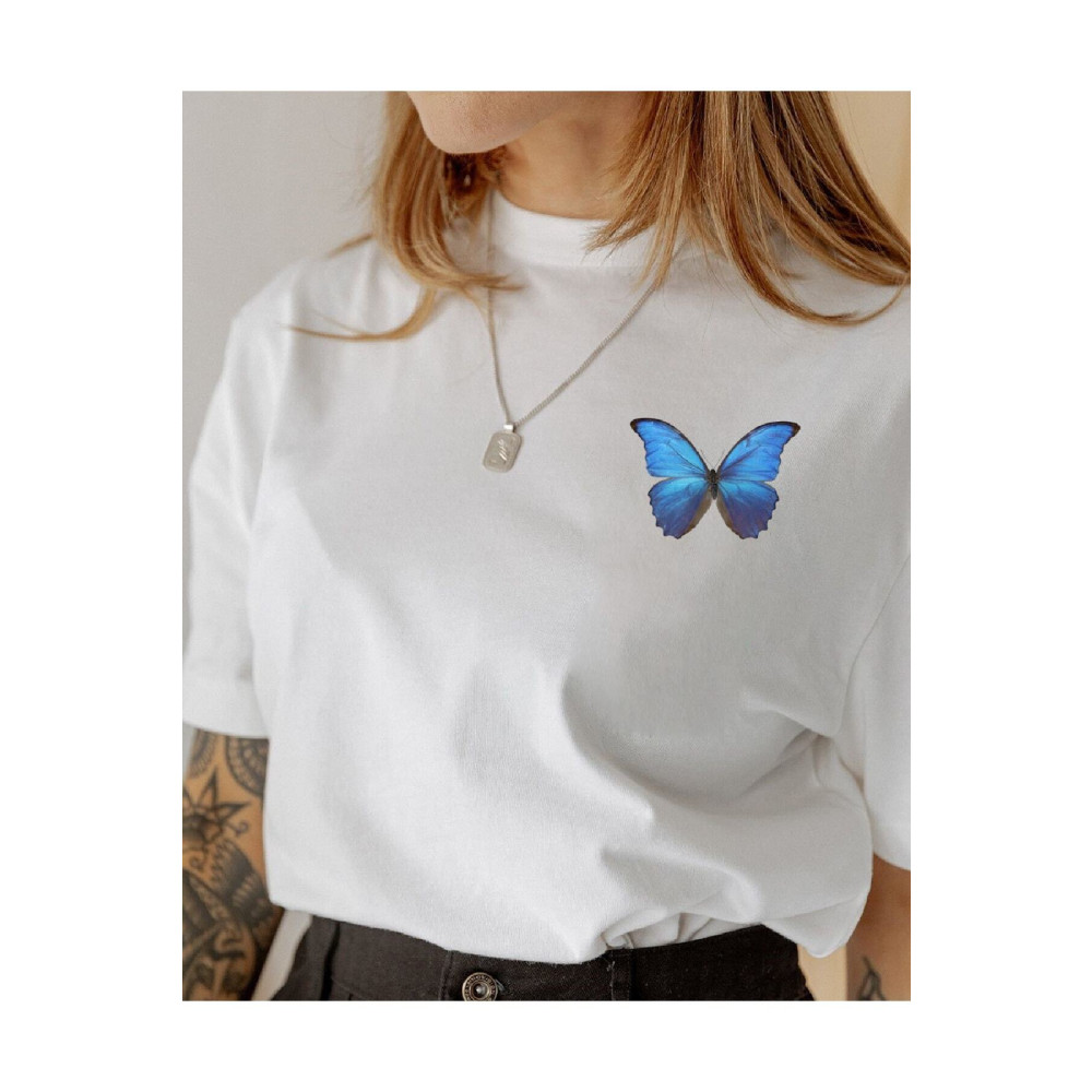 spearly Blue Butterfly Baskılı Oversize Pamuk Penye Kumaş Beyaz Tshirt Large-Xlarge Beden Bayan T-shirt Fiyatı