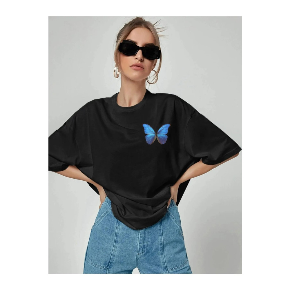 spearly Blue Butterfly Baskılı Oversize Pamuk Penye Kumaş Siyah Tshirt M/L Beden Bayan T-shirt Fiyatı