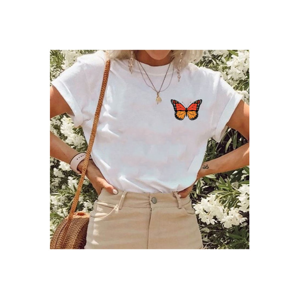 spearly Butterfly Baskılı Oversize Pamuk Penye Kumaş Beyaz Tshirt XXXL Beden Bayan T-shirt Fiyatı