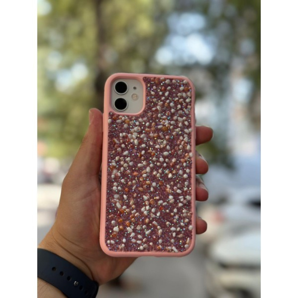 SPHONE Apple iPhone 11 Kılıf Taşlı Boncuk Işıltılı Doğal Akik Taşı Kabartmalı Dökülmez Işleme Renkli Linea - Pembe Cep Telefonu Kılıfı Fiyatı