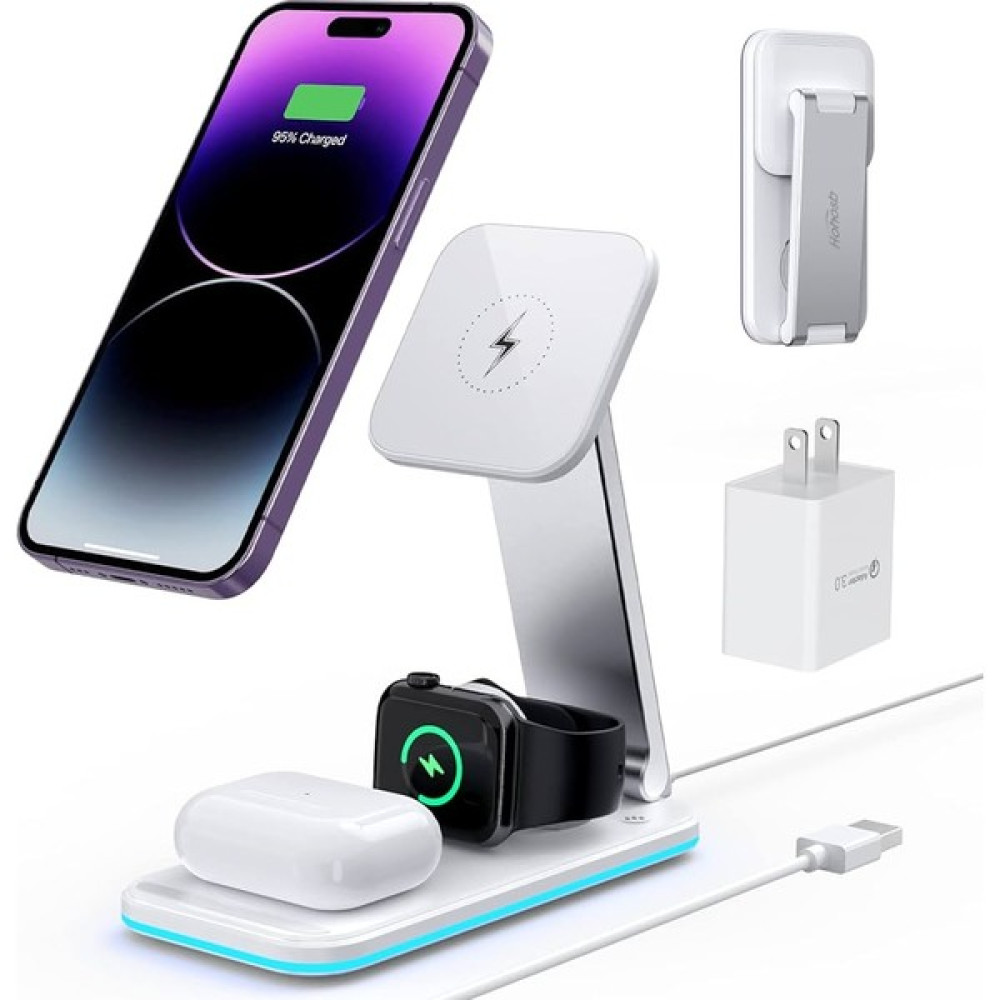 SPHONE Apple iPhone, Watch, 3+1 Uyumlu Katlanabilir Kablosuz Saat Kulaklık LED Işıklı Masaüstü Kablosuz Hızlı Şarj Cihazı Standı - Beyaz Cep Telefonu Şarj Cihazı Fiyatı