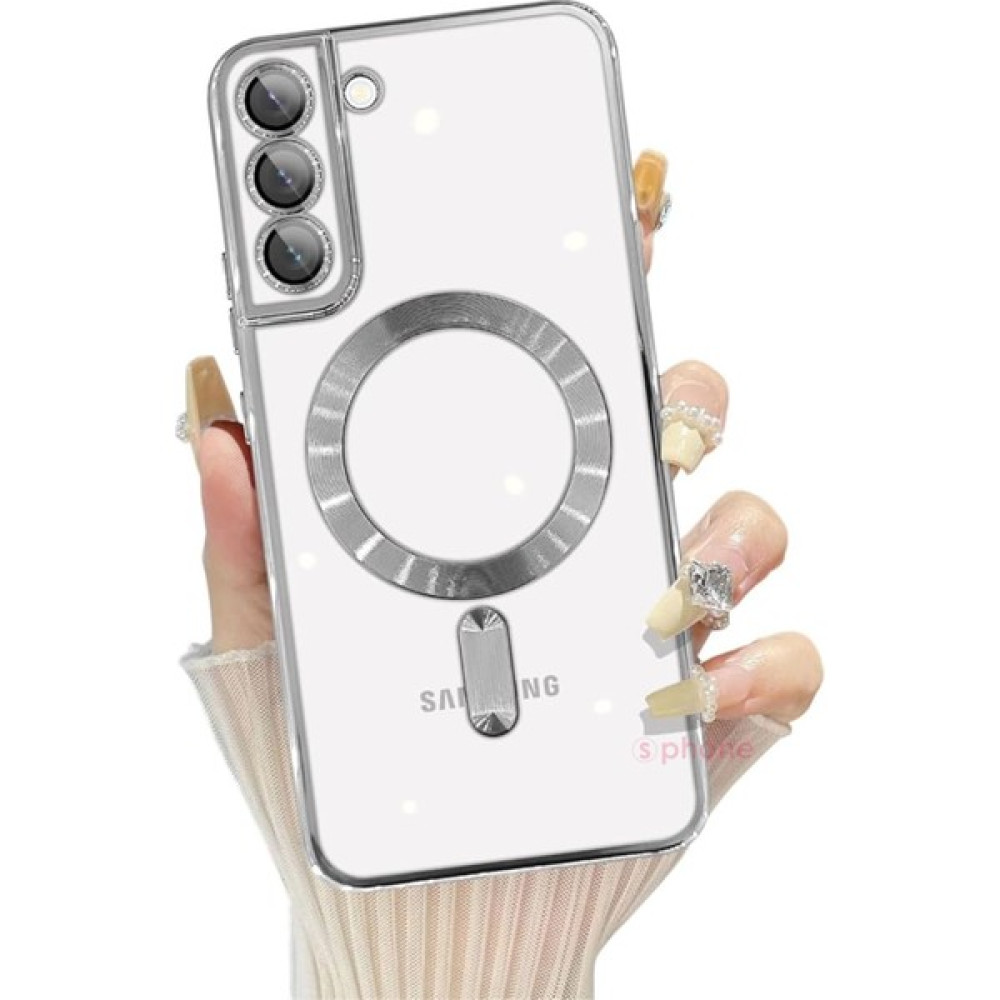 SPHONE Samsung Galaxy S21 Fe Kılıf Magsafe Kablosuz Şarj Destekli Lens Korumalı Metalik Kenar Renkli Şeffaf Lazer - Gümüş Cep Telefonu Kılıfı Fiyatı
