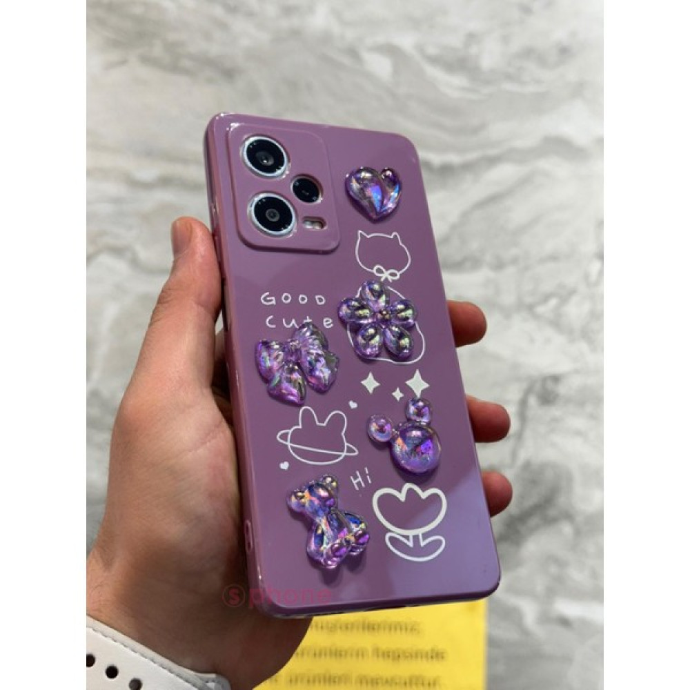 SPHONE Xiaomi Redmi Note 12 Pro 5g Kılıf 3D Kabartma Emoji Ayıcık Çiçek Kurdele Happy Good Luck Funny Heart - Mor Cep Telefonu Kılıfı Fiyatı
