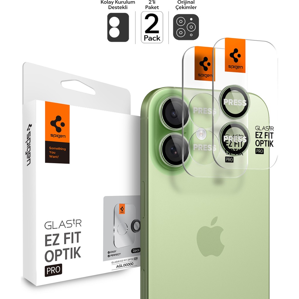 Spigen Apple iPhone 17 / 16 Plus / 16 ile Uyumlu Kamera Lens Camı Koruyucu Kolay Kurulum GLAS.tR EZ Fit Optik Pro (2 Adet) Green - AGL10128 - Yeşil Cep Telefonu Fiyatı