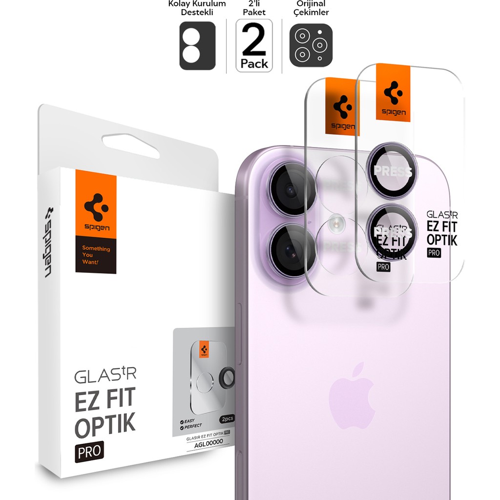 Spigen Apple iPhone 17 / 16 Plus / 16 ile Uyumlu Kamera Lens Camı Koruyucu Kolay Kurulum GLAS.tR EZ Fit Optik Pro (2 Adet) Purple - AGL10127 - Mor Cep Telefonu Fiyatı