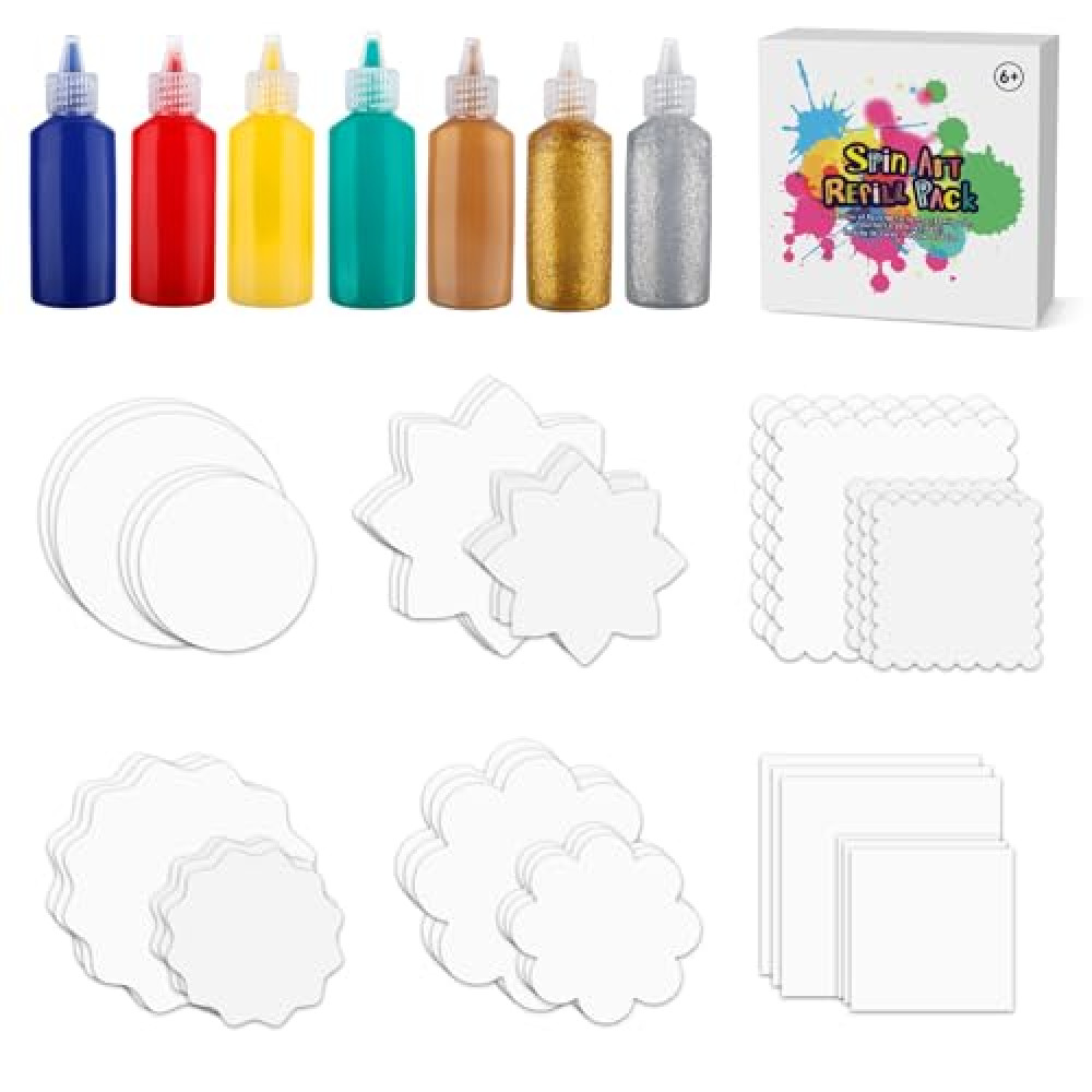 Spin & Paint Refill Pack is for Arts & Crafts Painting Spinner Toys, Set of 36 Cardboard Pieces in 6 Unique Shapes, 2 Different Sizes, 3 Pieces Each - 7 Bottles of Colored Paint