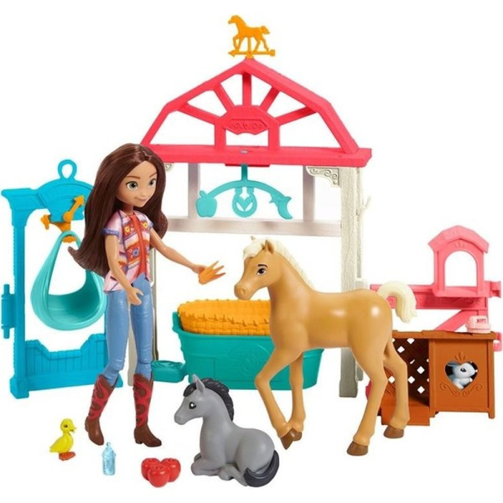 Spirit Özgür Ruh Lucky'nin Bakım Odası Oyun Seti, Lucky (17 cm),tartı, dönence, sallanan beşik, 4 hayvan figürü, besleme malzemeleri dahil, 3 yaş ... Oyun Seti Fiyatı