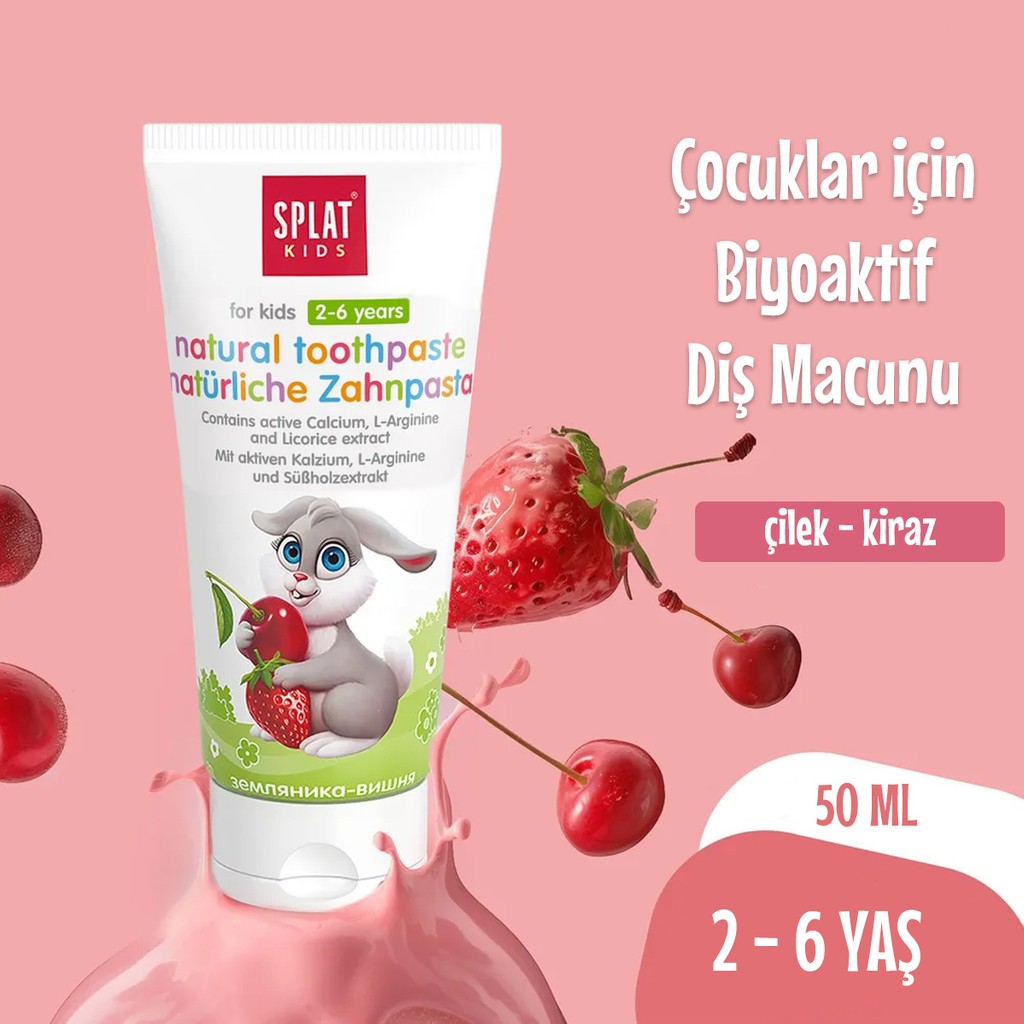SPLAT Kids Çilek & kiraz Çocuk Diş Macunu 50 ml – 2-6 Yaş, Doğal Formül, Florür İçermez Diş Macunları Fiyatı