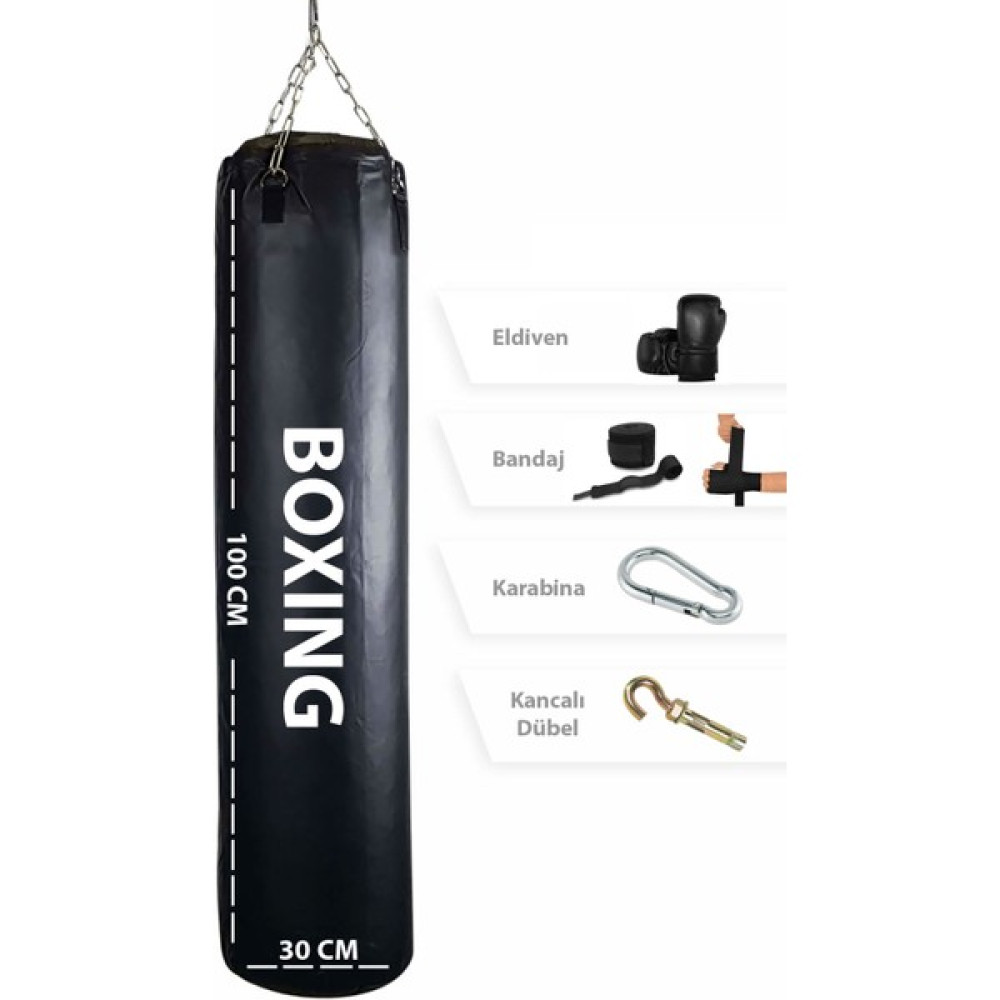 Spor Byfit 100 cm x 30 cm Siyah Boks Torbası + Boks Eldiveni + Boks Bandajı + Askı Aparatı - 4' Lü Set - Dolu Diğer Spor Ürünleri Fiyatı