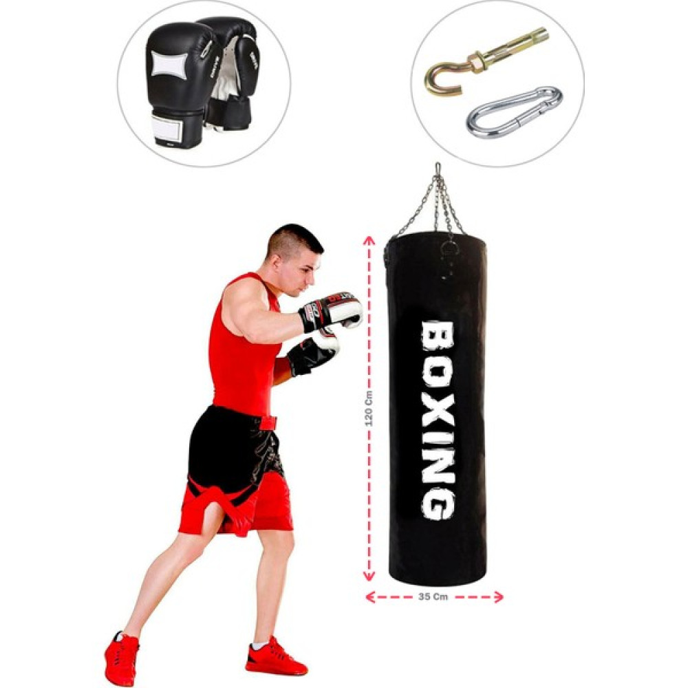 Spor Byfit 120 cm x 35 cm Siyah Boks Torbası + Boks Eldiveni + Tavan Kancası - 3' Lü Set - Dolu Diğer Spor Ürünleri Fiyatı