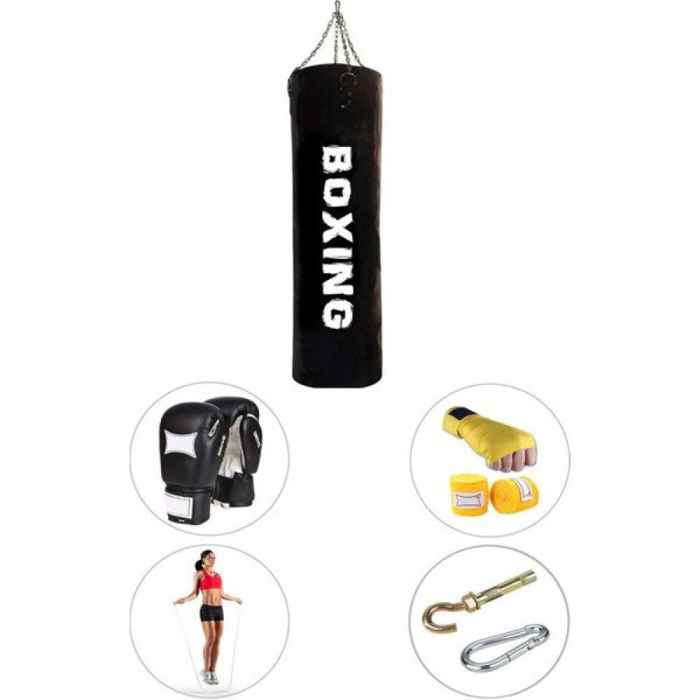 Spor Byfit 80 cm x 30 cm Siyah Boks Torbası + Eldiven + Bandaj + Atlama Ipi + Askı Aparatı - 5' Li Set - Dolu Diğer Spor Ürünleri Fiyatı