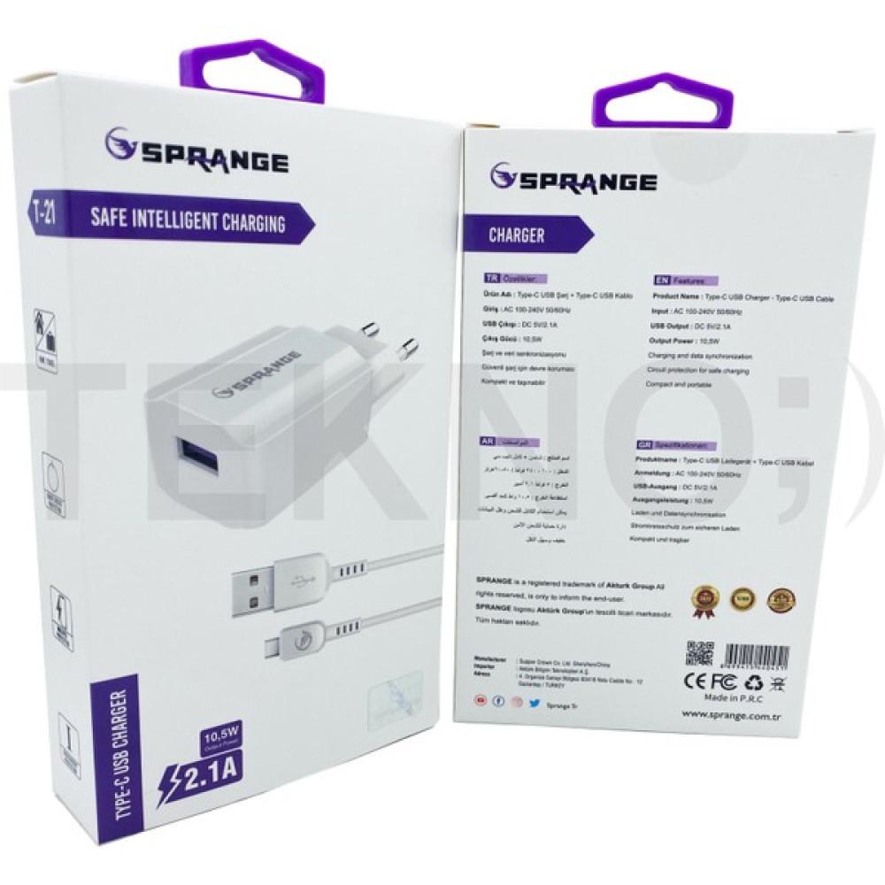 Sprange 10.5W 2,1A (Type-C) USB Şarj Aleti Sprange T-21 Cep Telefonu Şarj Cihazı Fiyatı