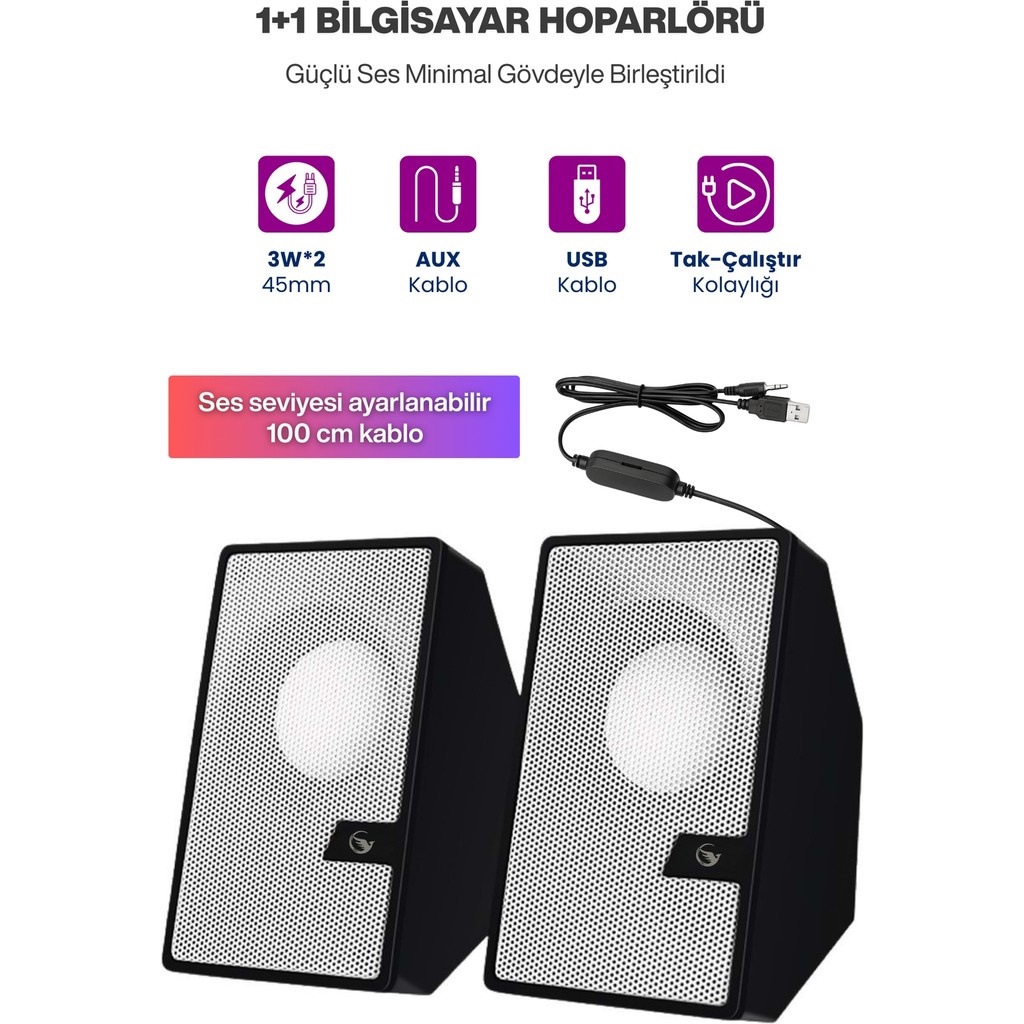 Sprange 2’li Tak Çalıştır USB Bilgisayar Hoparlörü – Güçlü Ses, Kompakt Tasarım, Ev-Ofis Kullanıma Uygun - Beyaz Bilgisayar Hoparlörü Fiyatı