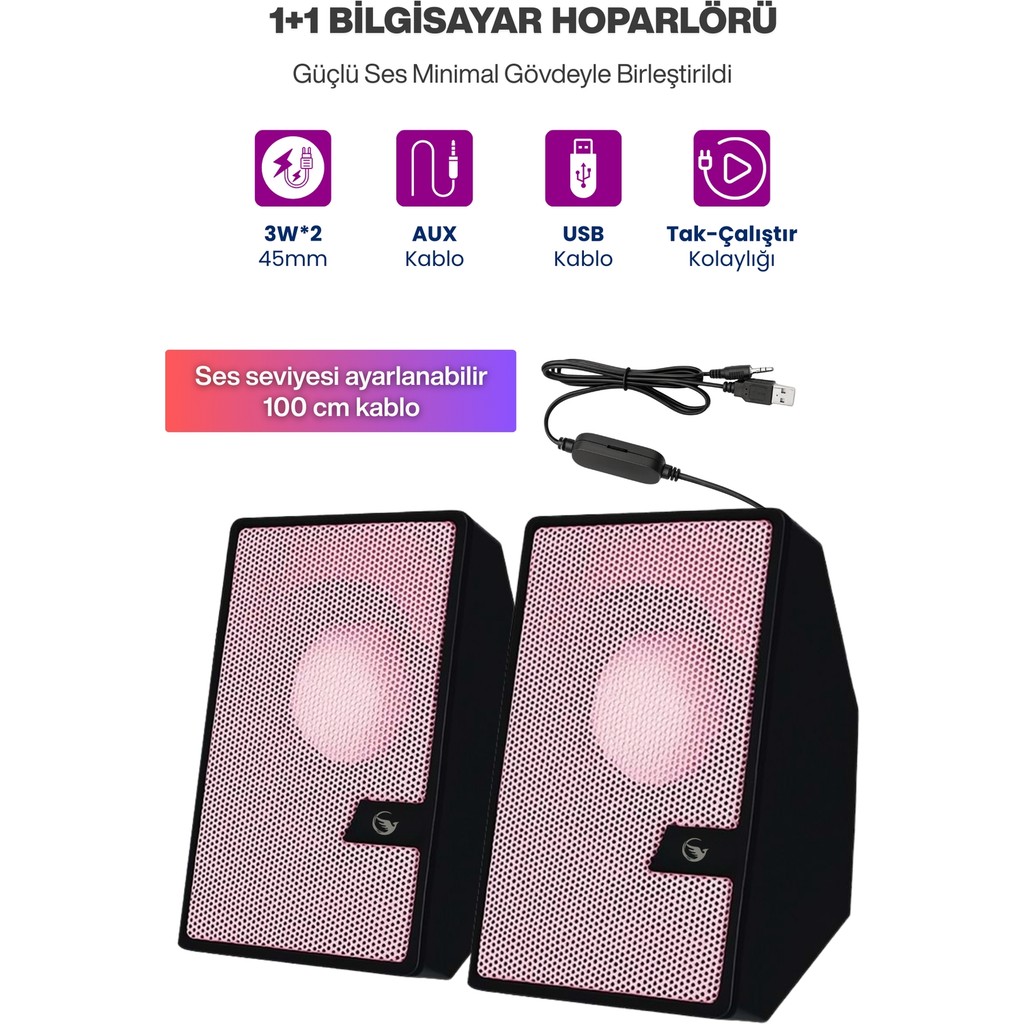 Sprange 2’li Tak Çalıştır USB Bilgisayar Hoparlörü – Güçlü Ses, Kompakt Tasarım, Ev-Ofis Kullanıma Uygun - Pembe Bilgisayar Hoparlörü Fiyatı