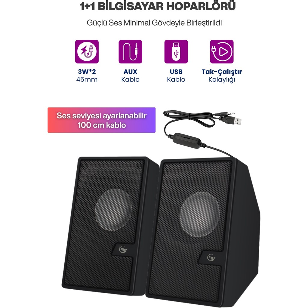 Sprange 2’li Tak Çalıştır USB Bilgisayar Hoparlörü – Güçlü Ses, Kompakt Tasarım, Ev-Ofis Kullanıma Uygun - Siyah Bilgisayar Hoparlörü Fiyatı