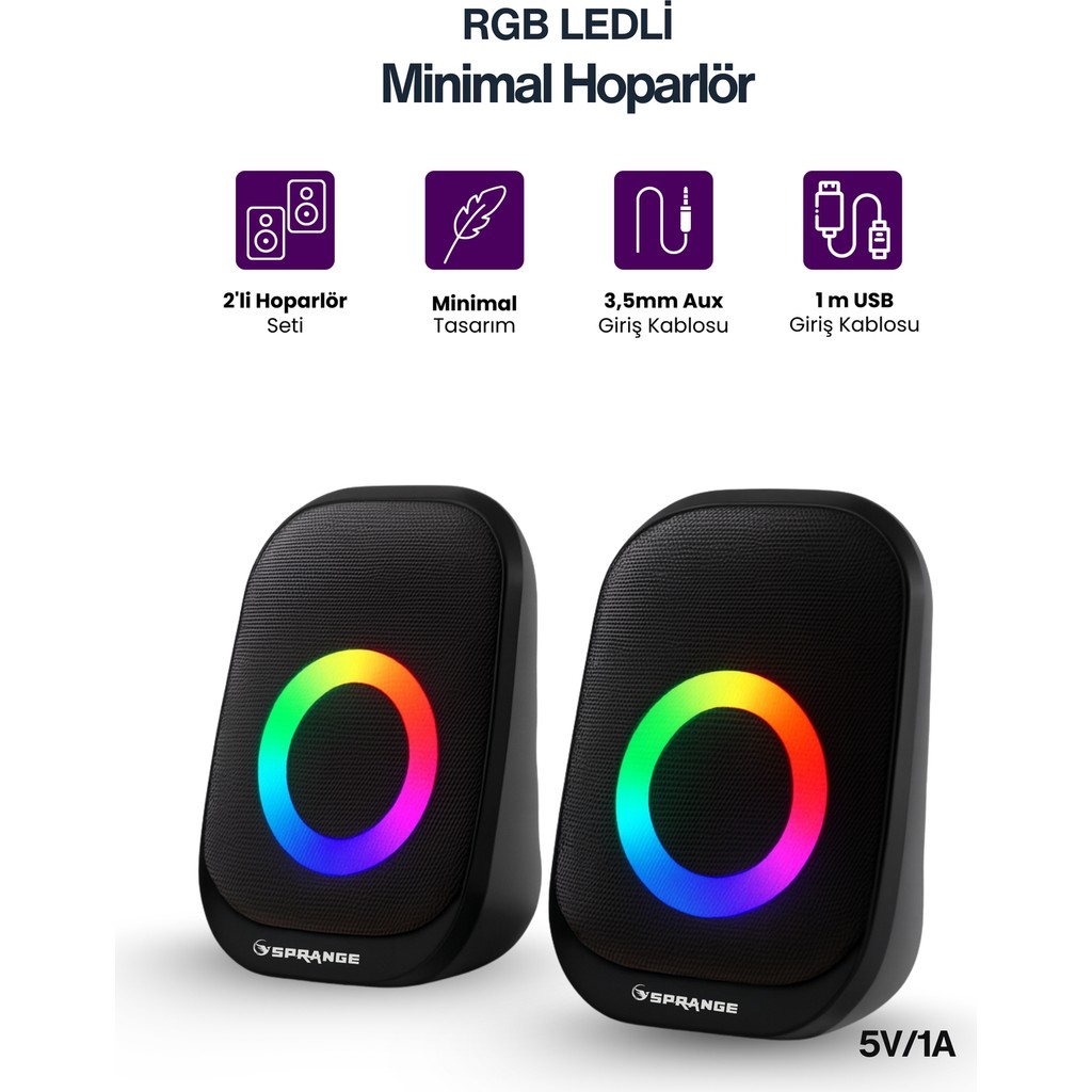 Sprange 2’li Tak Çalıştır USB Bilgisayar Hoparlörü – Rgb, Güçlü Ses, Kompakt Tasarım, Telefona Bağlanabilir - Siyah Bilgisayar Hoparlörü Fiyatı