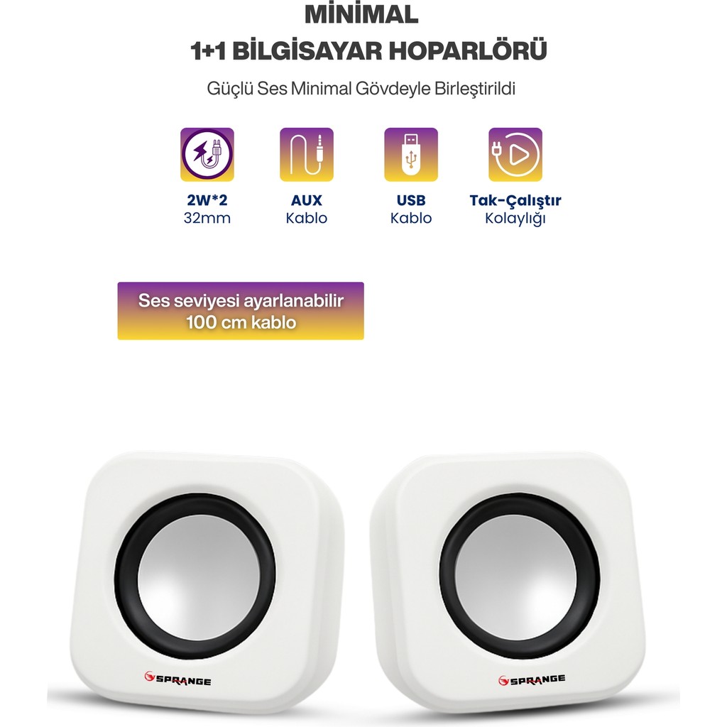 Sprange Tak Çalıştır 2'li USB Bilgisayar Hoparlörü – Güçlü Ses, Kompakt Tasarım, Ev-Ofis Kullanıma Uygun - Beyaz Bilgisayar Hoparlörü Fiyatı