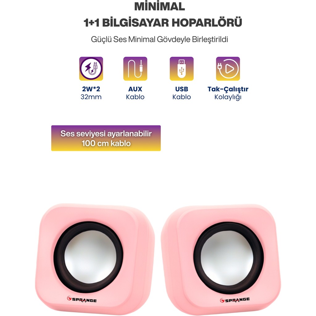 Sprange Tak Çalıştır 2'li USB Bilgisayar Hoparlörü – Güçlü Ses, Kompakt Tasarım, Ev-Ofis Kullanıma Uygun - Pembe Bilgisayar Hoparlörü Fiyatı