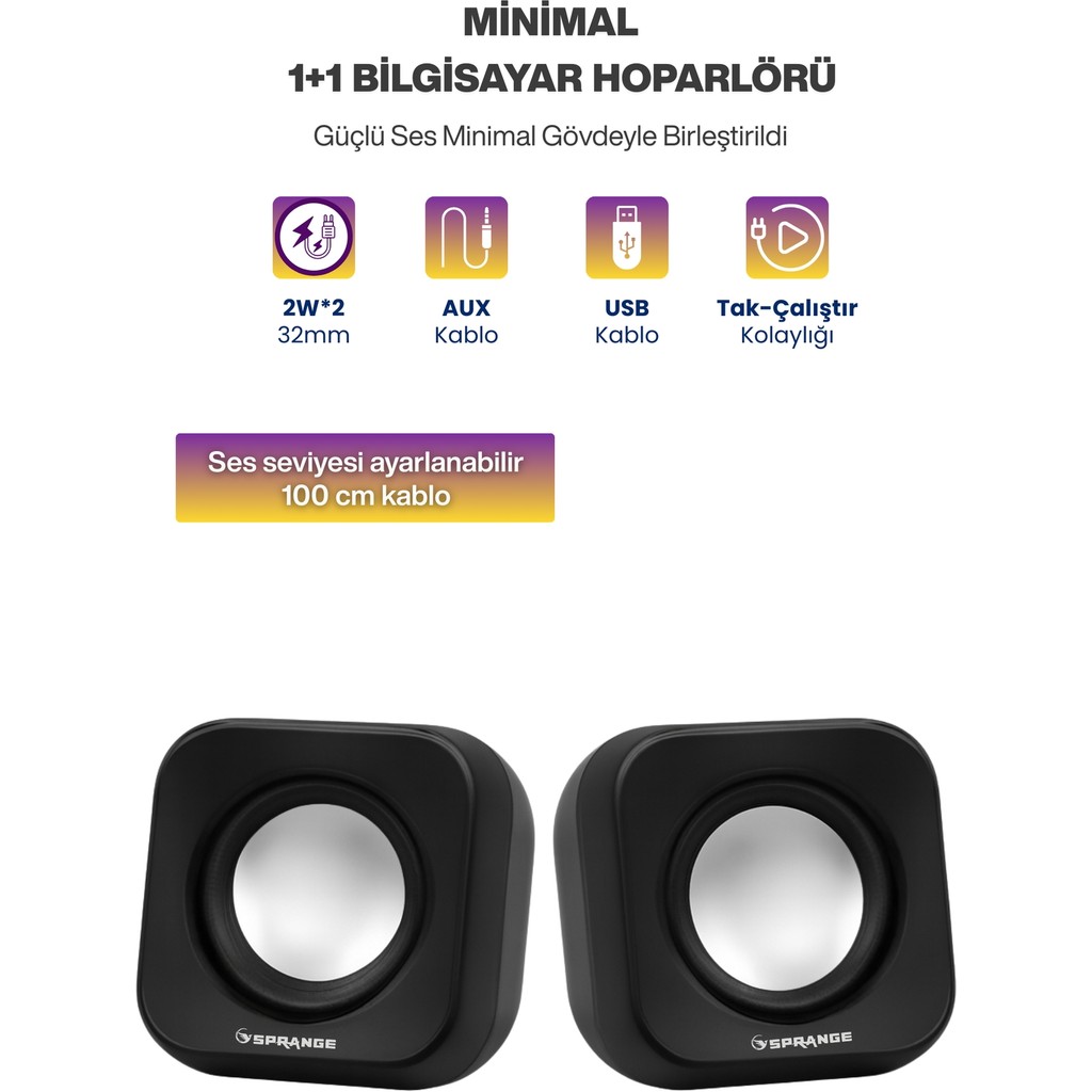 Sprange Tak Çalıştır 2'li USB Bilgisayar Hoparlörü – Güçlü Ses, Kompakt Tasarım, Ev-Ofis Kullanıma Uygun - Siyah Bilgisayar Hoparlörü Fiyatı