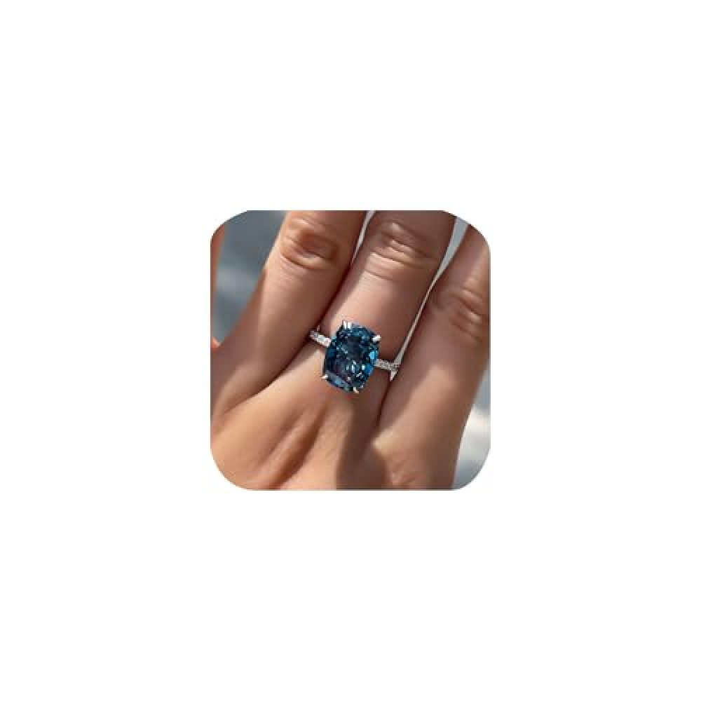 Square-Cut Blue Topaz Halo Cubic Zirconia CZ Engagement Rings Wedding Party Statement Cocktails Classic Sapphire 925 Sterling Silver Solitaire Diamond Anniversary Promise Ring for Women Size 10