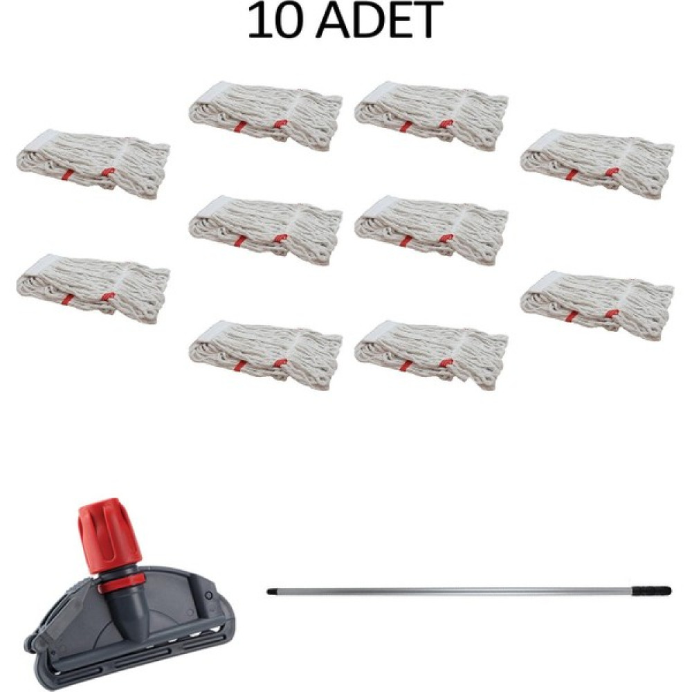 Sska Dar Yedek Islak Mop Takımı - 10 Adet Beyaz 350 gr. 17 Cm. Islak Mop + Metal Sap + Mop Tutucu - Renkli Temizlik Malzemeleri Fiyatı