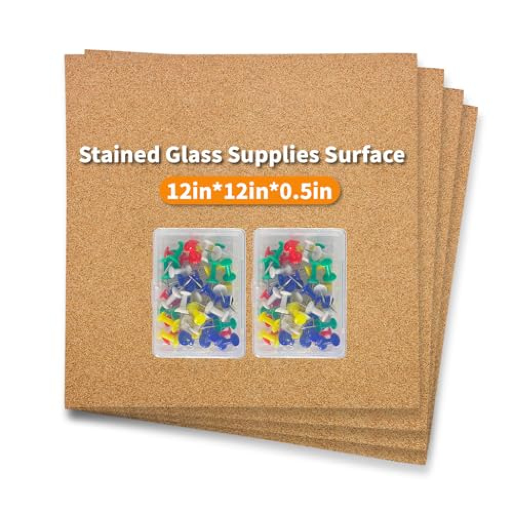 Stained Glass Supplies, 4Pcs Heat Resistant Stained Glass Work Surface, Stained Glass Cutting Mat, Stained Glass Starter Kit, Stained Glass Tools for Table and Countertop Protection, 100Pcs Push Pins