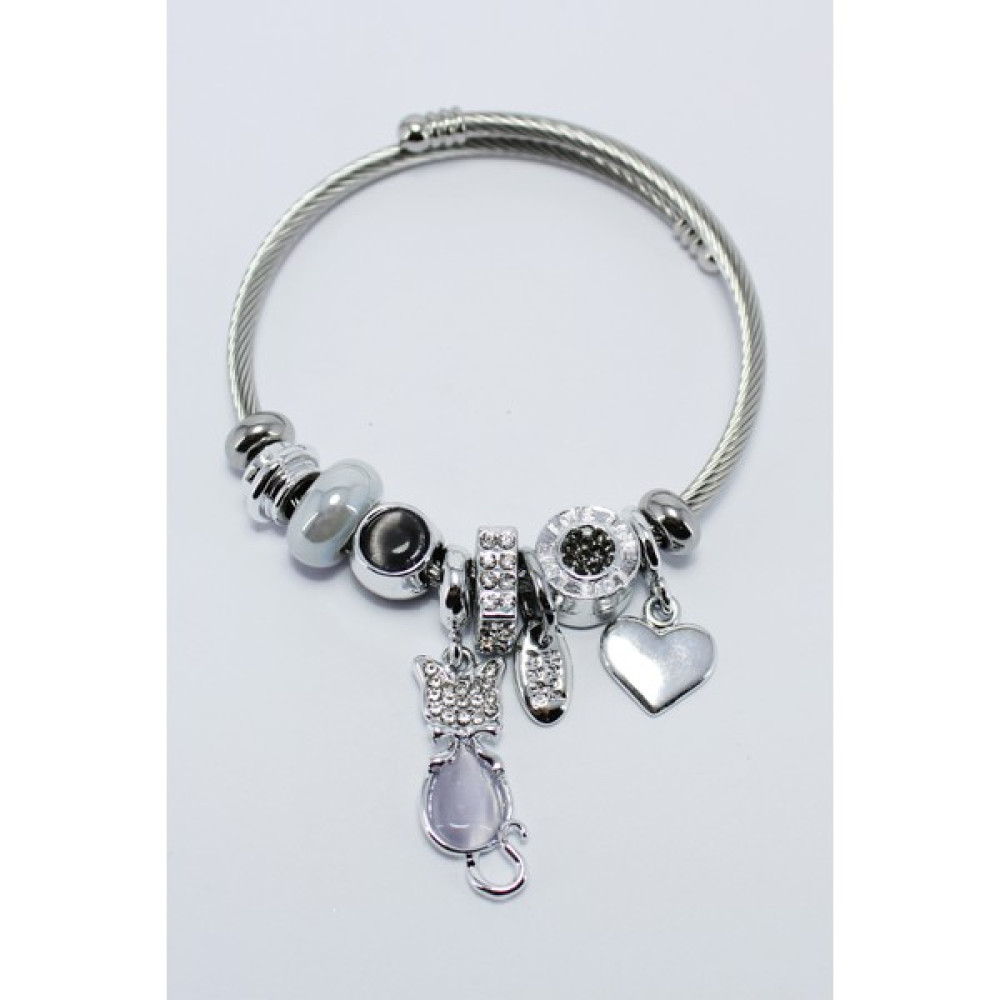 Stainless Steel Çelik Charmlı Kedi ve Kalp Figürlü Lila Pandora Bileklik - Lila - Gümüş Altın, Takı & Aksesuar Fiyatı