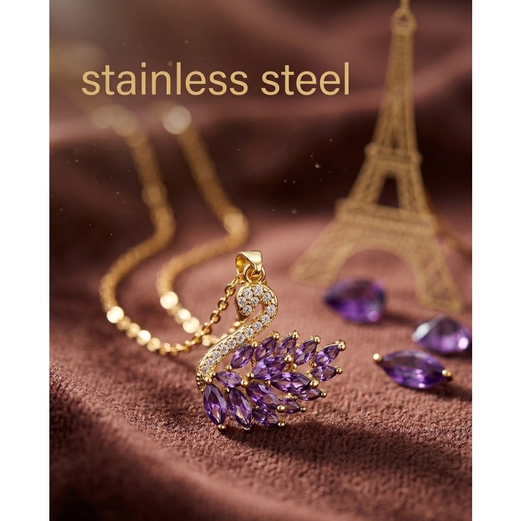 Stainless Steel Gold Renk Beyaz Mor Zirkon Taşlı Kuğu Model Kararmaz Model Çelik Kolye - Mor - Altın - 45 cm SSD / Solid State Drive Fiyatı