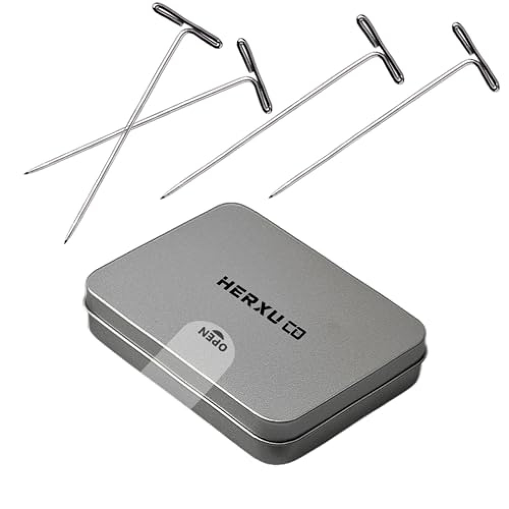 Stainless Steel Wig T-Pins for Knit & Lace Wet Blocking, Modelling and Crafts, 1-3/4 Inch 100 Pieces with Tin Box, T-Pins for Office Wall